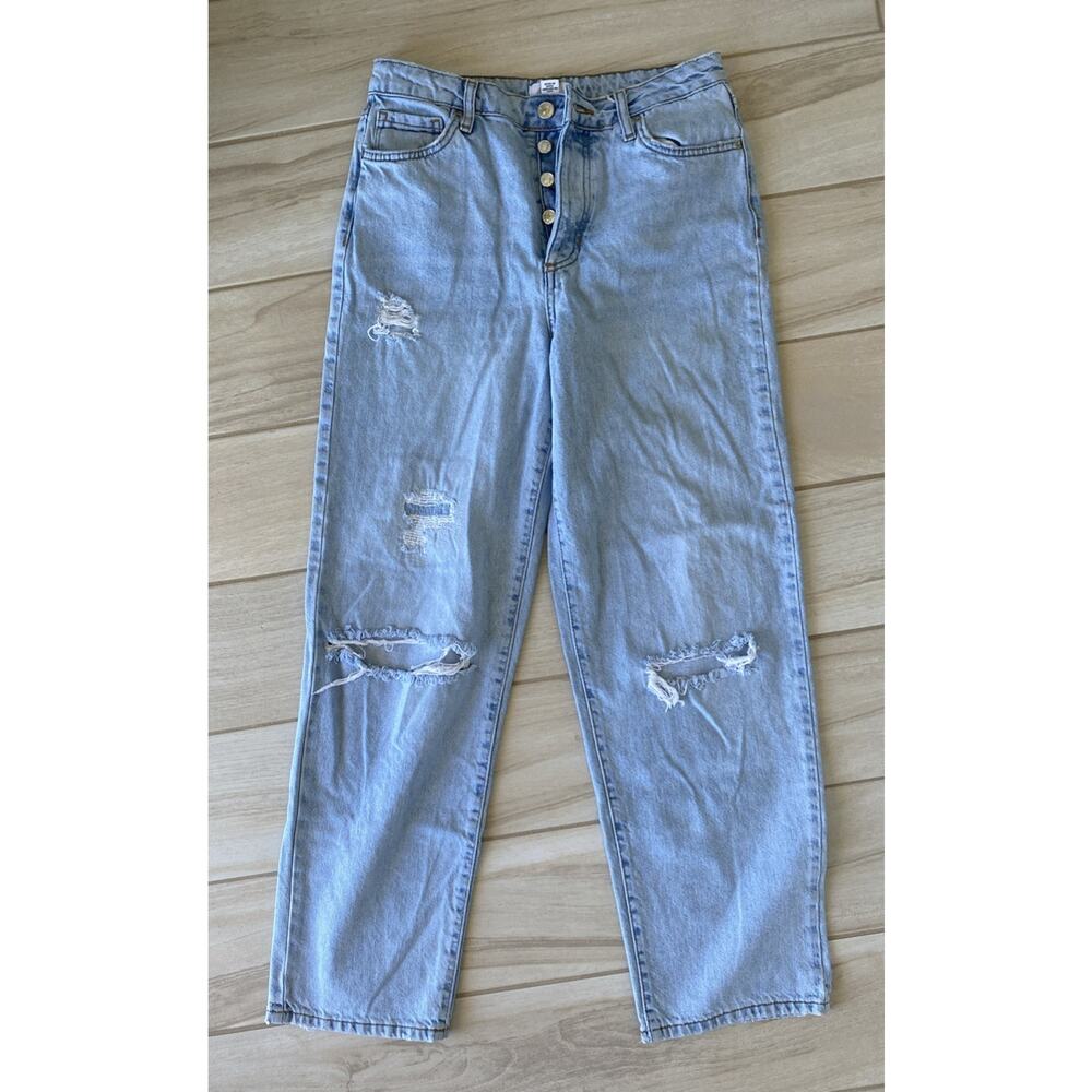 Forever 21 Jeans Womens 26 Blue Straight Leg Distressed Button Fly Mid Rise - Picture 2 of 7